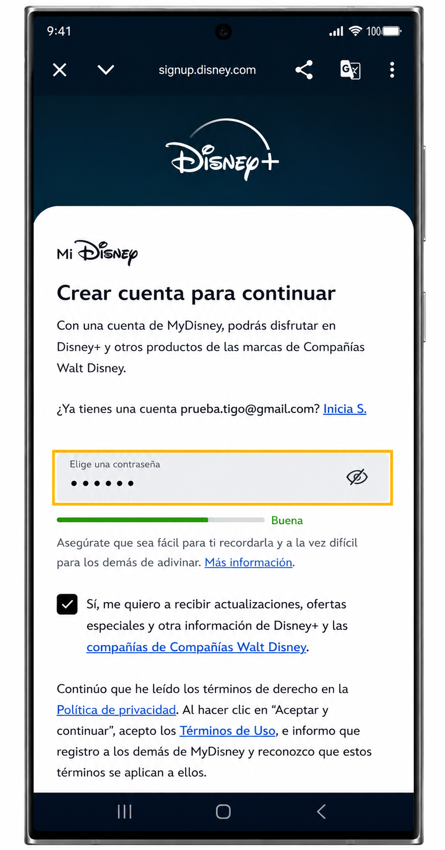 Pantalla para crear la contraseña de MyDisney