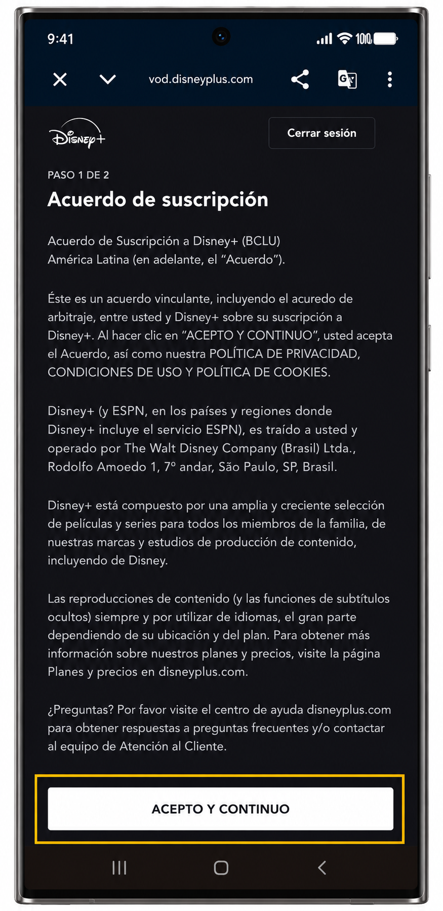 Acuerdo de Suscripción de Disney+ con el botón Aceptar y continuar
