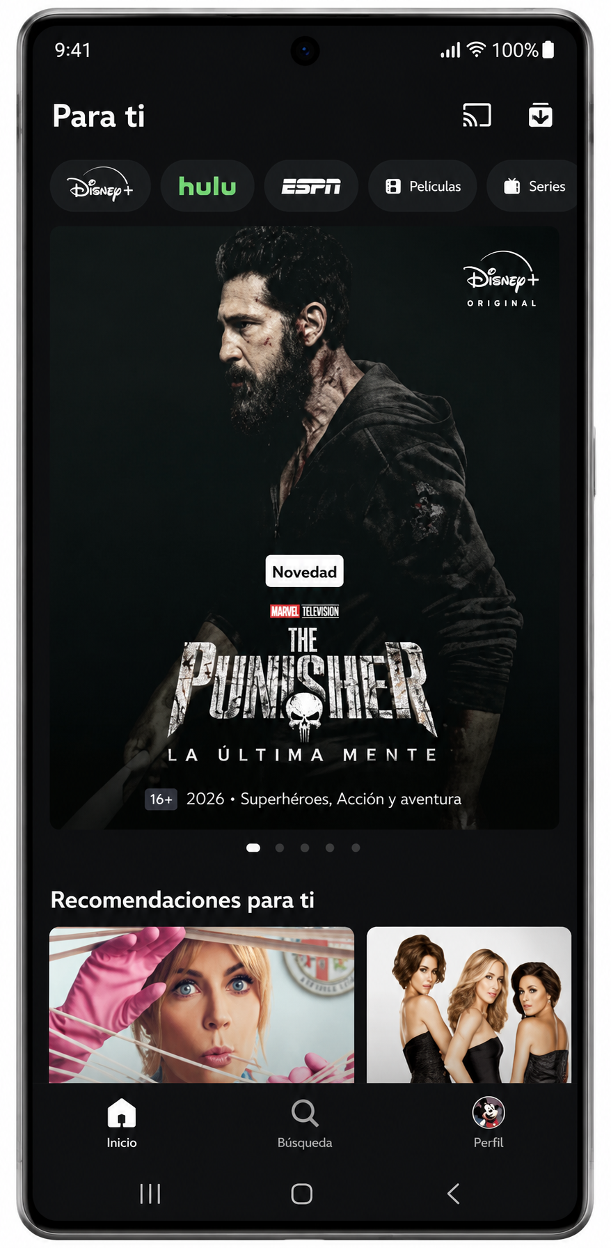 Pantalla de inicio de la app Disney+ lista para usar