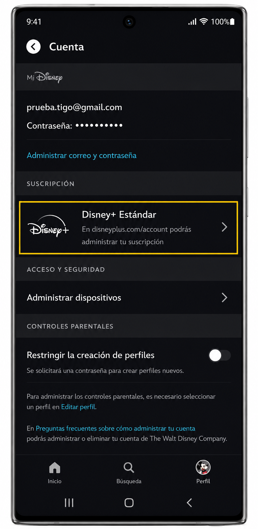 Sección Cuenta de la app Disney+ mostrando el plan Disney+ Estándar