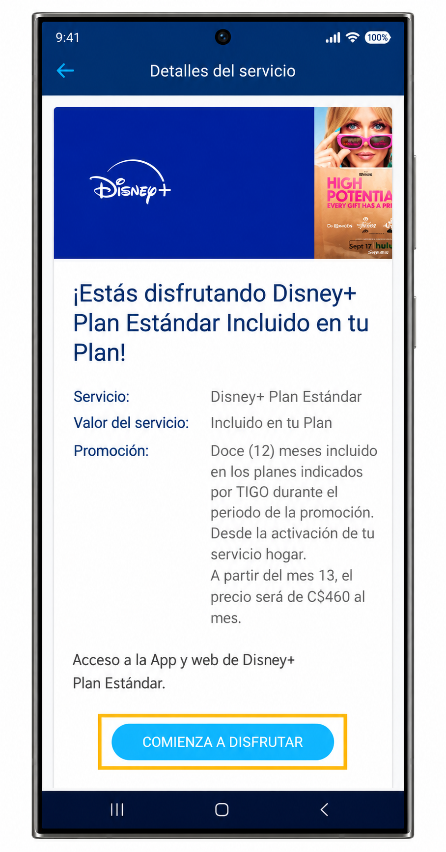Confirmación de Disney+ Plan Estándar incluido, con vigencia de 12 meses y botón Comienza a disfrutar