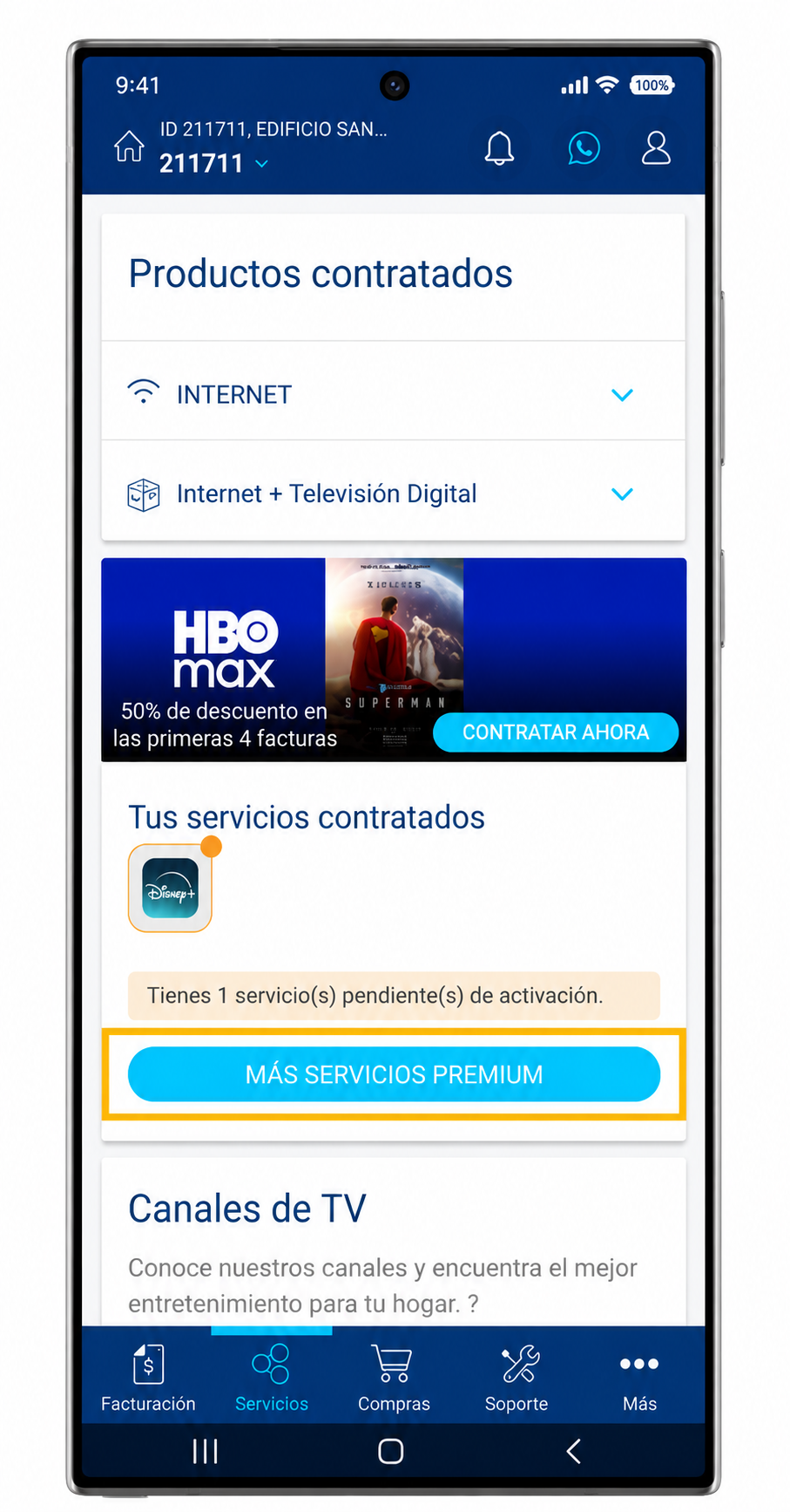 Pantalla principal de la app con el aviso de servicio pendiente de activación. Abre la app Tigo.