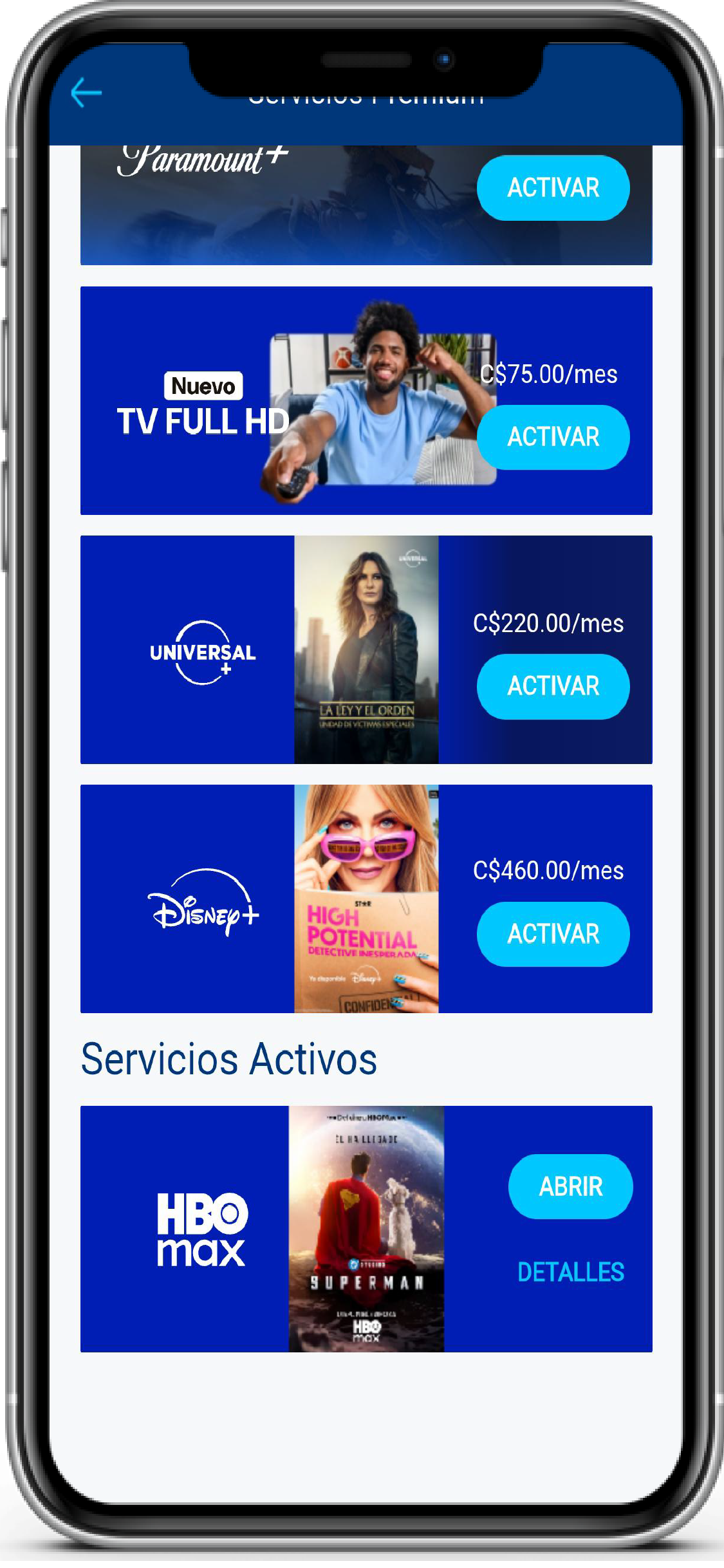 Sección Servicios Activos con HBO Max listado