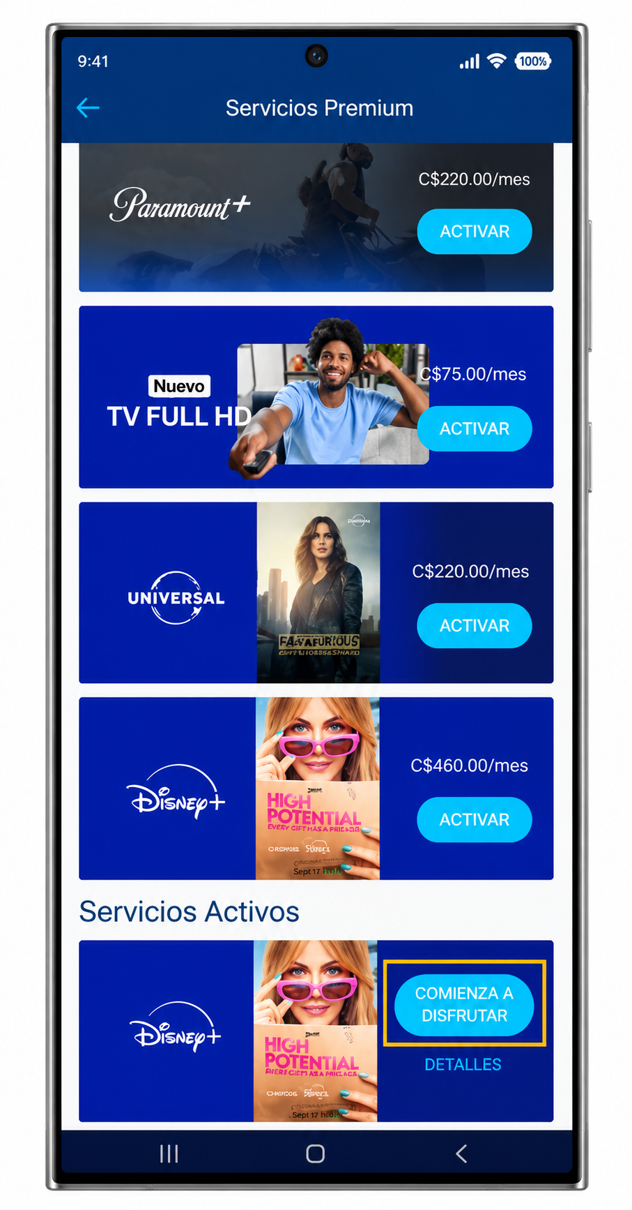 Sección Servicios Activos con Disney+ listado