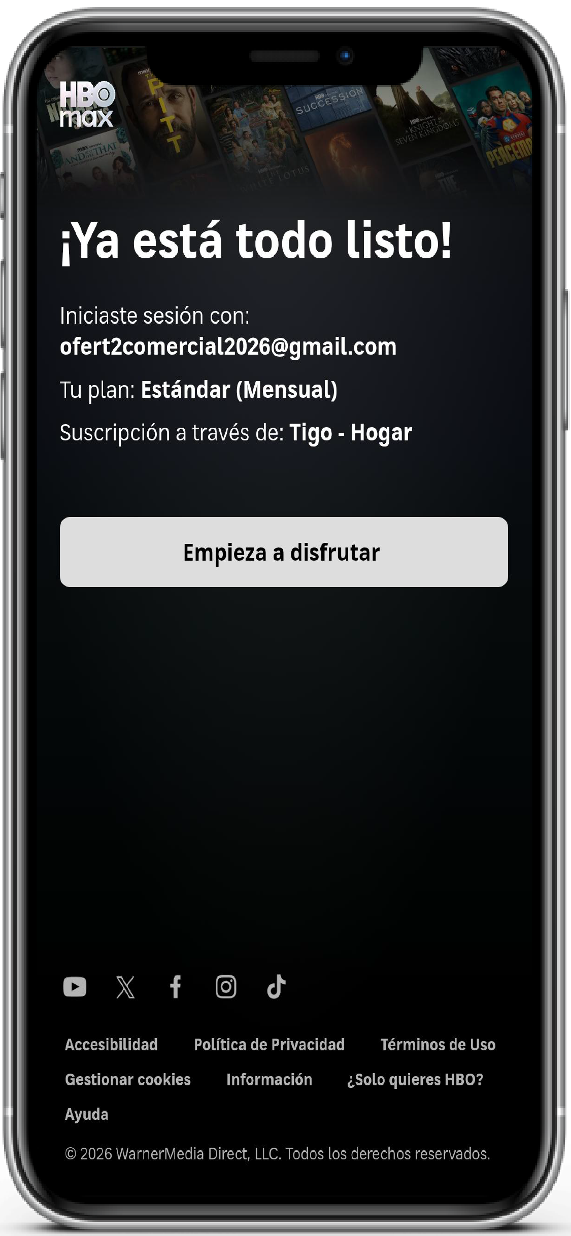 Sección Cuenta de la app HBO Max mostrando el plan HBO Max Estándar