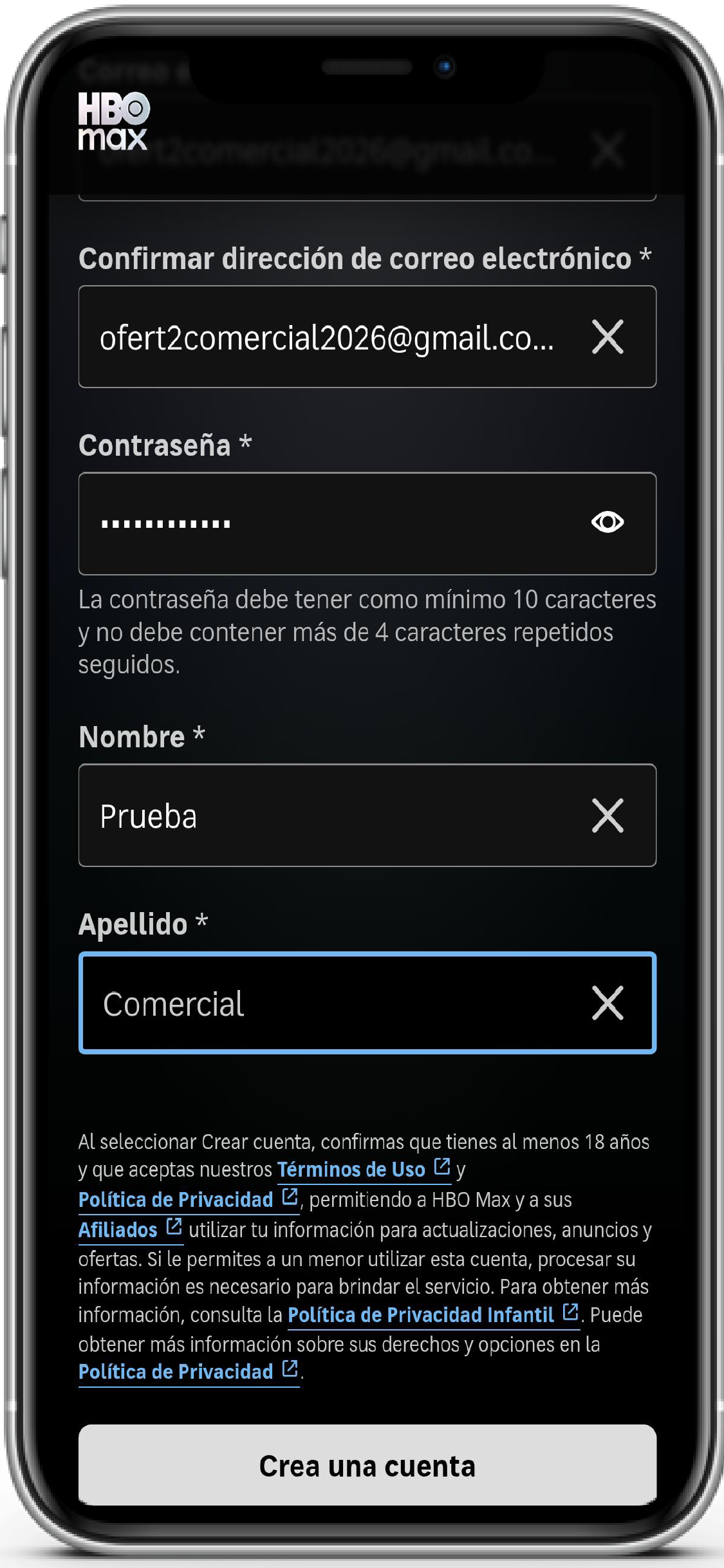 Pantalla de inicio de sesión de la app HBO Max
