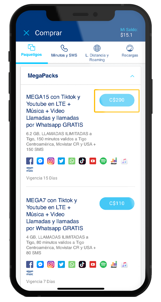 Selecciona el Paquetigo a Comprar - Web | App - Recarga Tigo Nicaragua