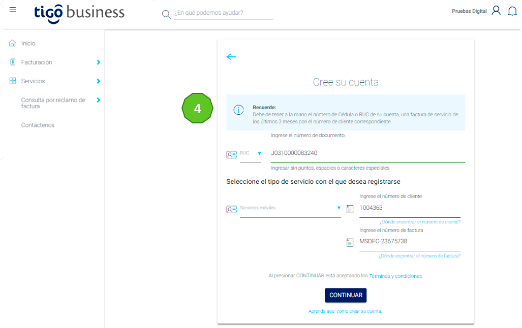 Ingreso Nuevo Usuario / Cliente - Tigo Business Online - Tigo Nicaragua