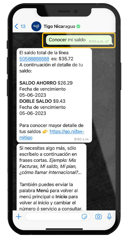 Consultar mi Saldo en WhatsApp - Tigo Nicaragua