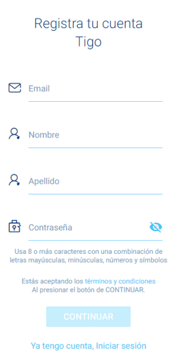 2. Proporcione los datos requeridos , luego de clic en CONTINUAR - Tigo Nicaragua