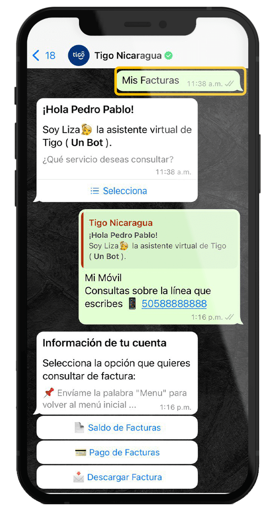 Consultar Factura Pospago en WhatsApp - Tigo Nicaragua