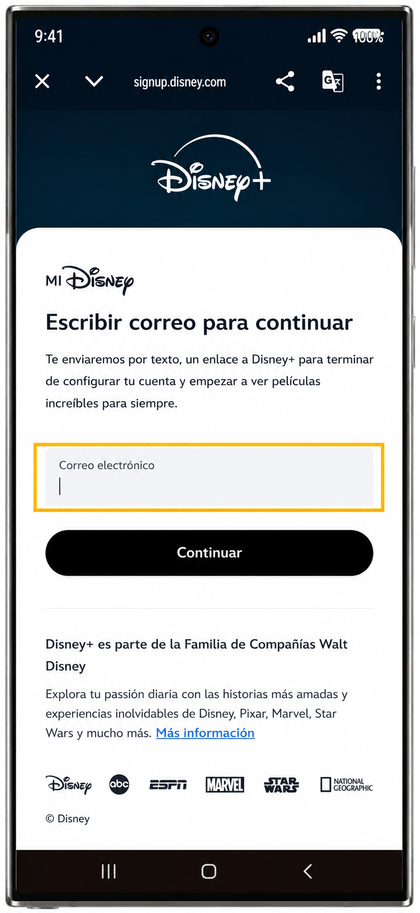 Pantalla de MyDisney para ingresar el correo electrónico